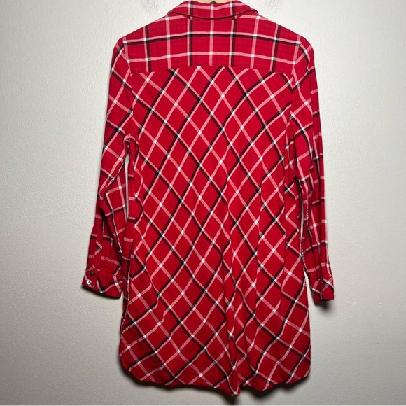 J. Jill Women Button Downn Tunic Top Medium Red Plaid Holiday Pockets - Picture 7 of 10